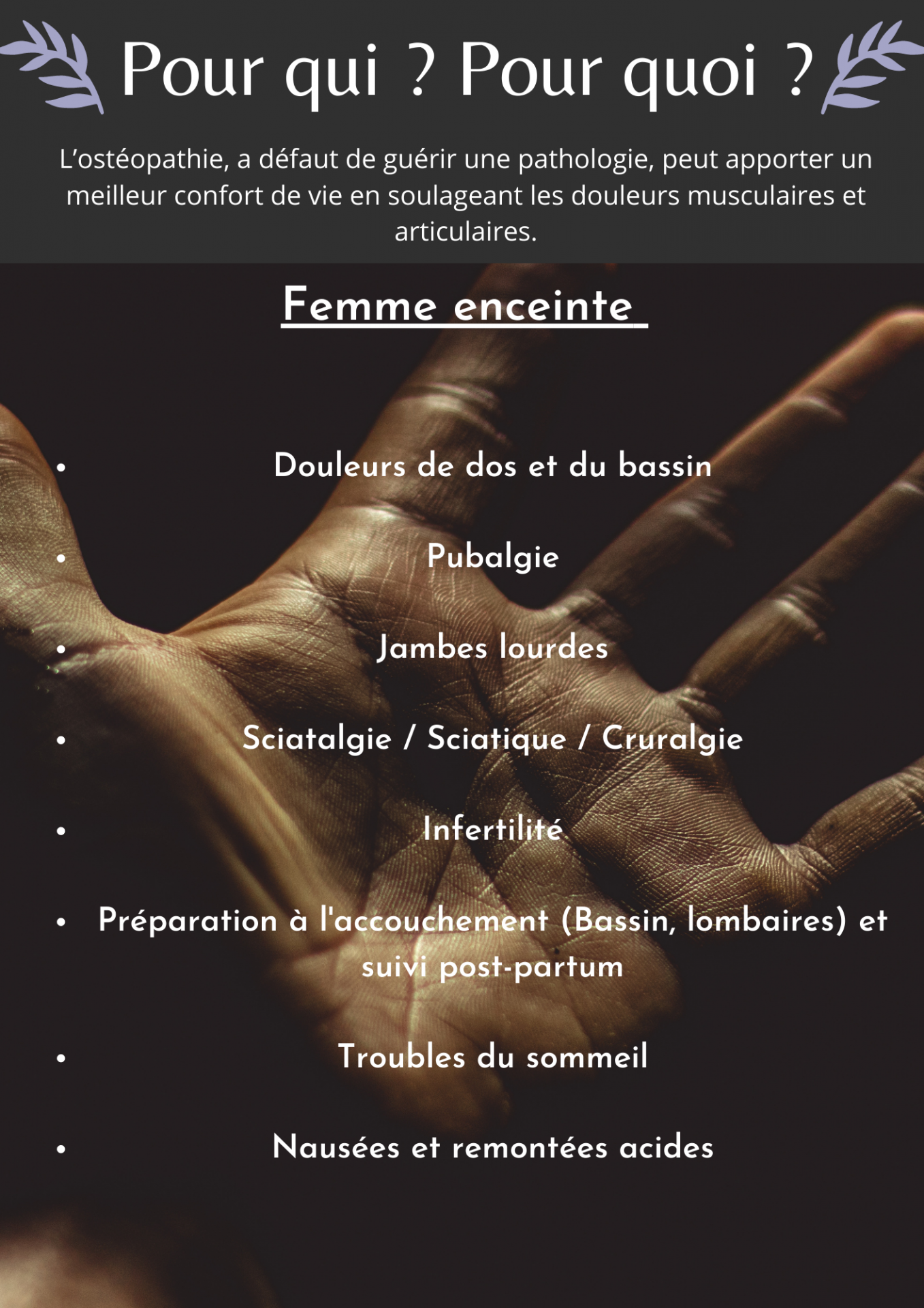 Femme enceinte osteopathie douleurs de dos bassin pubalgie sciatalgie sciatique cruralgies jambes lourdes infertilite preparation accouchement suivi post partum grossesse sommeil n