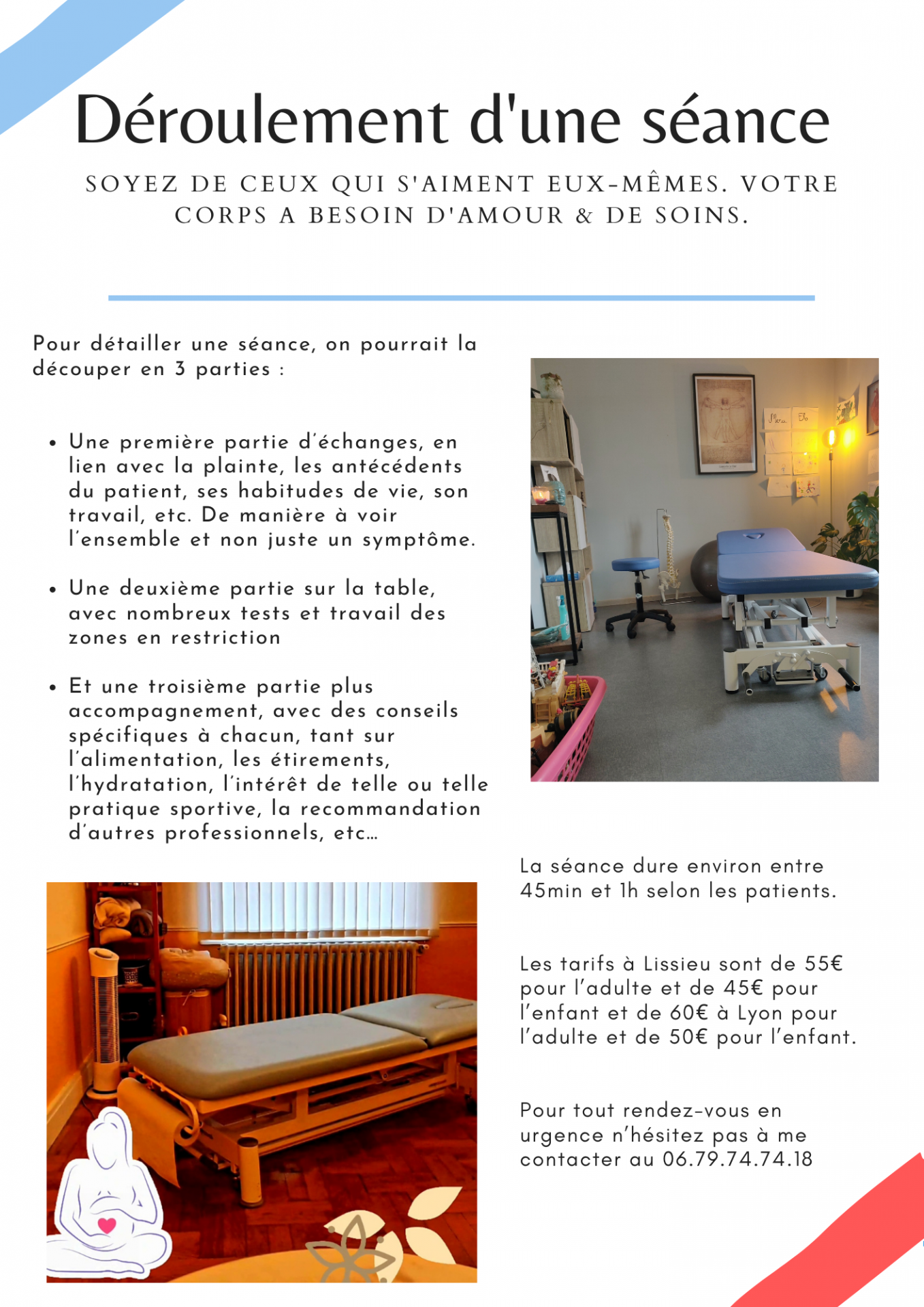 Seance soin osteopathie colonne bassin prix tarif lyon lissieu rhone antecedents habitudes de vie travail etirements conseils reeducation reorientation cabinet dos mal douleurs tor